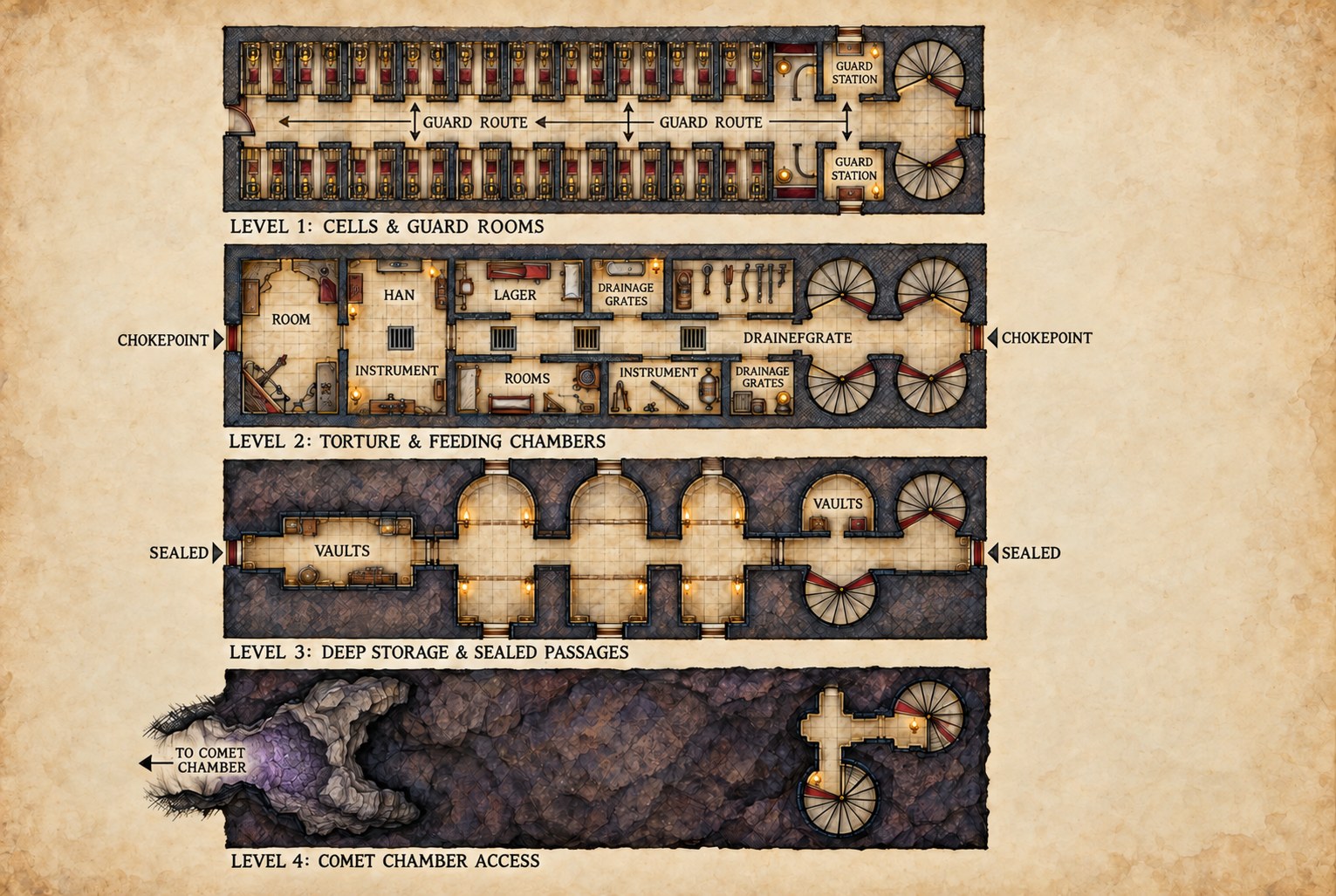 Hand-colored plan of four castle dungeon levels, showing cells, guard rooms, feeding chambers, storage and Comet Chamber access