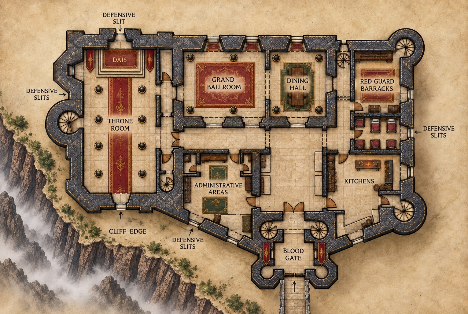 Hand-colored castle ground-floor plan labeling the Throne Room, Grand Ballroom, Dining Hall, barracks, kitchens, administrative areas and Blood Gate