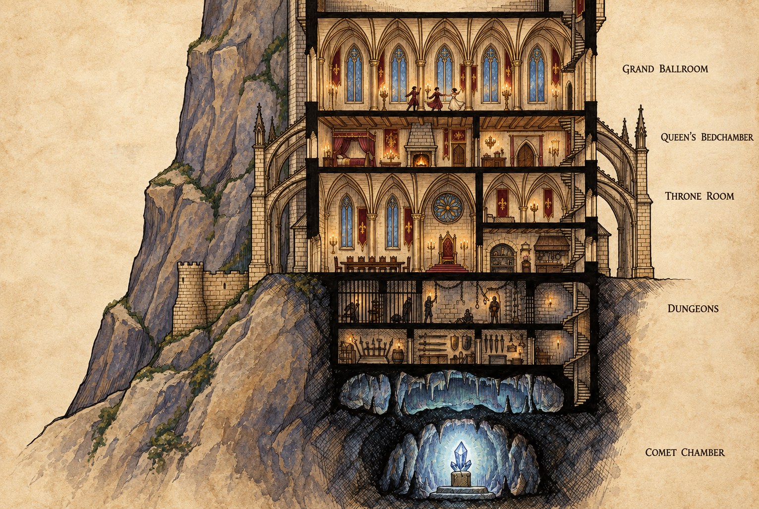 Hand-colored castle cutaway labeling the Grand Ballroom, Queen's Bedchamber, Throne Room, dungeons and Comet Chamber
