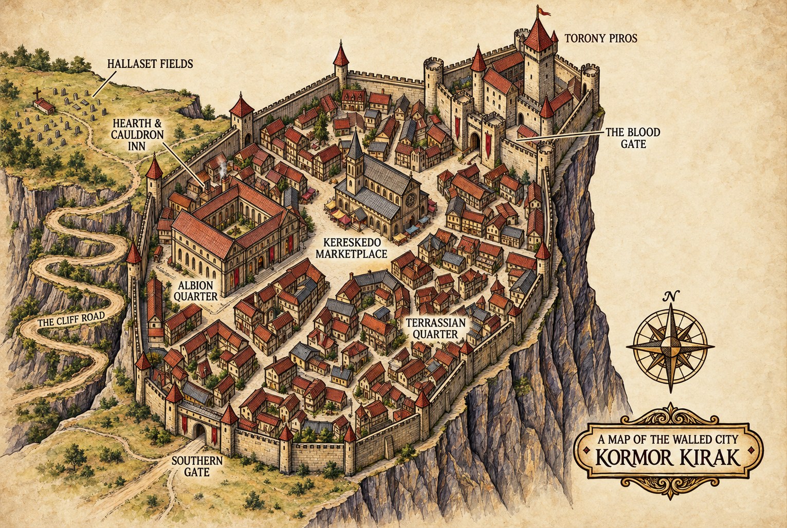 Hand-colored labeled bird's-eye map of walled Kormor Kirak, with Torony Piros northeast, the central marketplace, Southern Gate and western Cliff Road