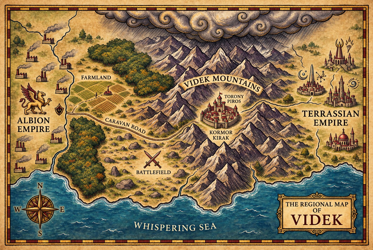 Hand-colored map of Videk with the Albion Empire west, Terrassian Empire east, central mountain passes and the Whispering Sea south