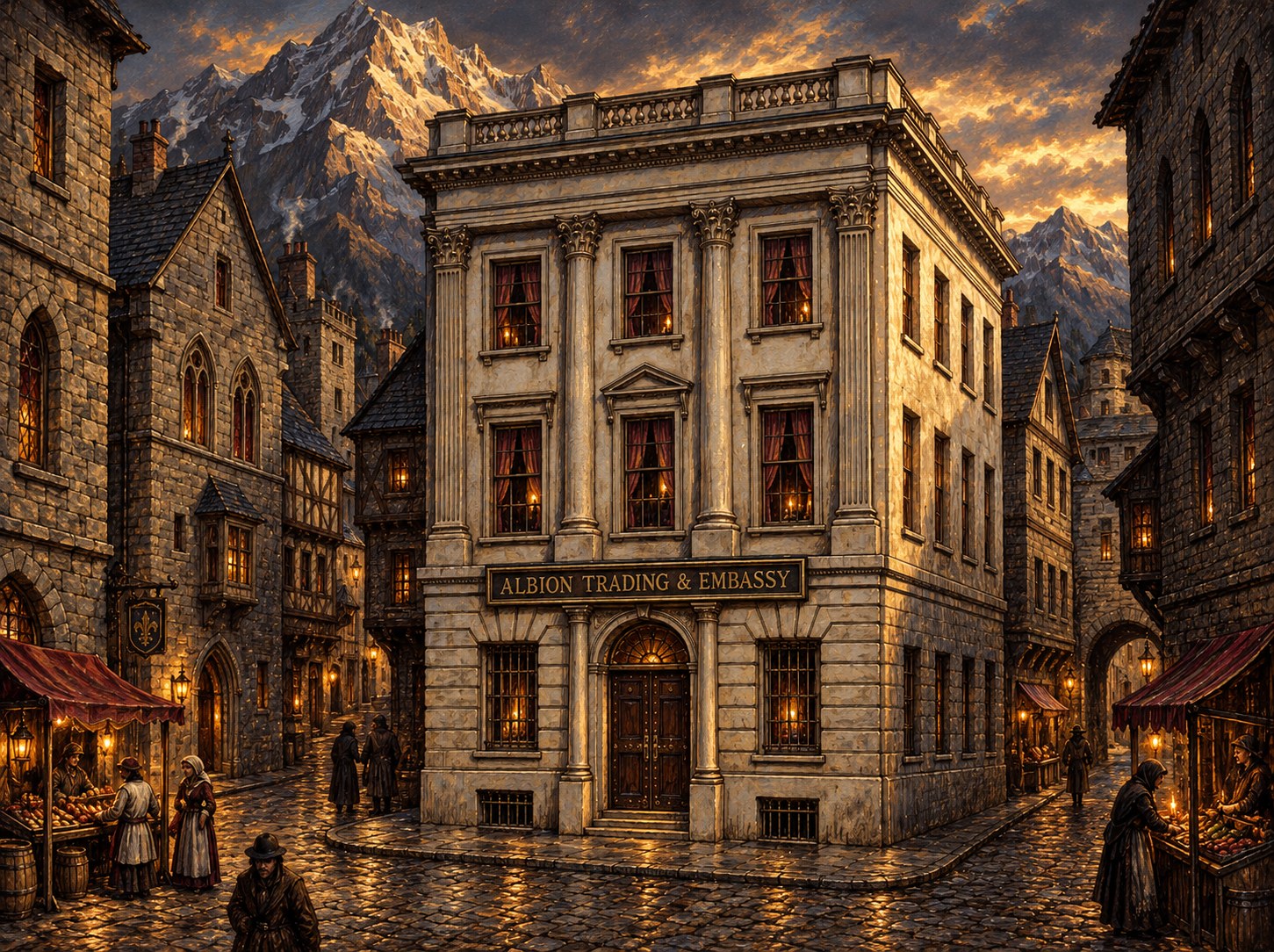 Painted view of the classical Albion Trading and Embassy building among narrow medieval streets beneath mountains