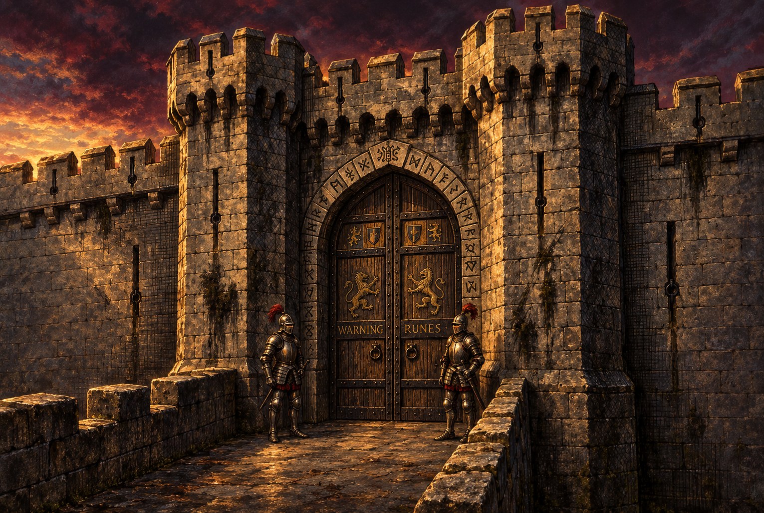 Painted view of the closed heraldic Blood Gate with warning runes, twin battlement towers and two armored guards
