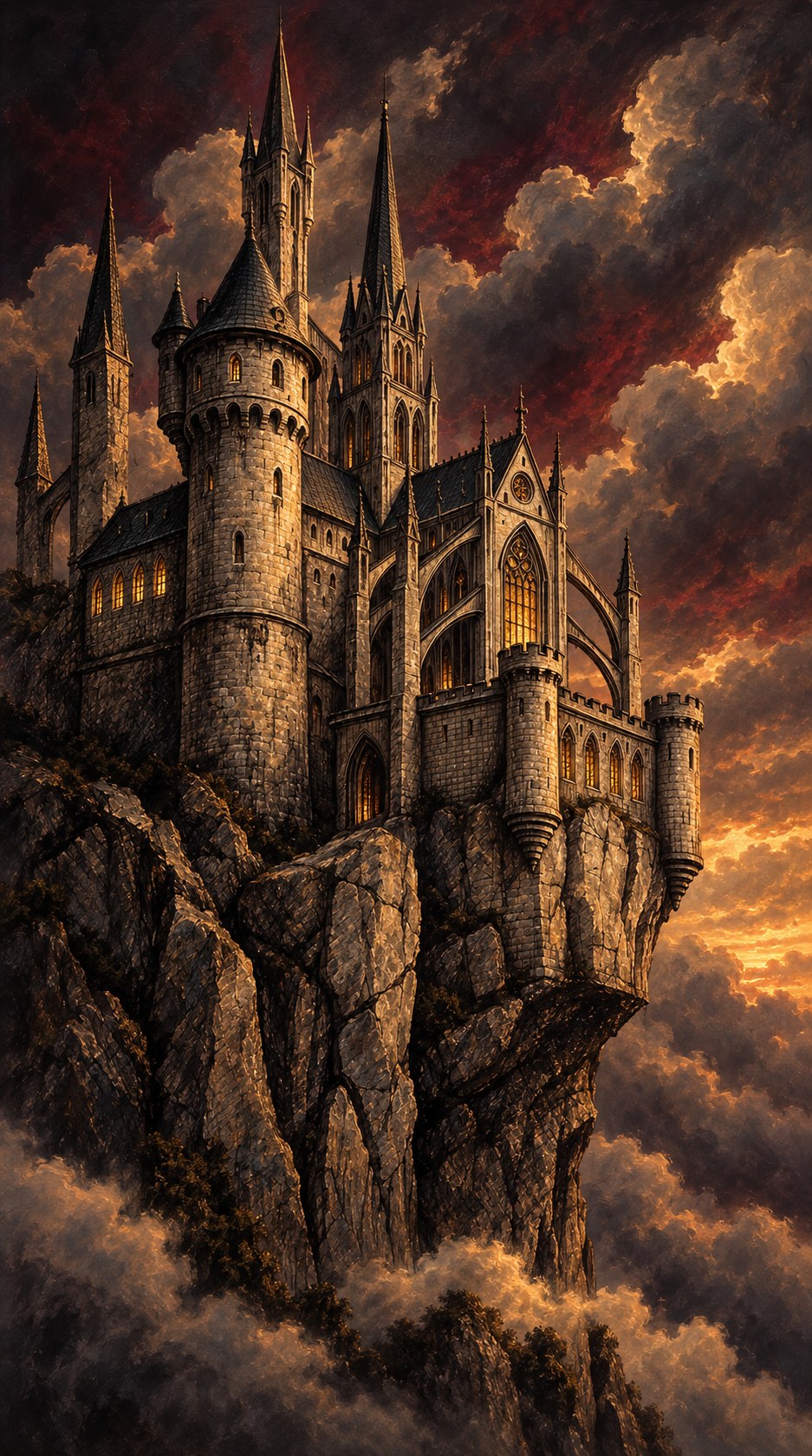 Painted view from below of Castle Torony Piros, its Gothic spires and warm windows rising above a steep misty cliff