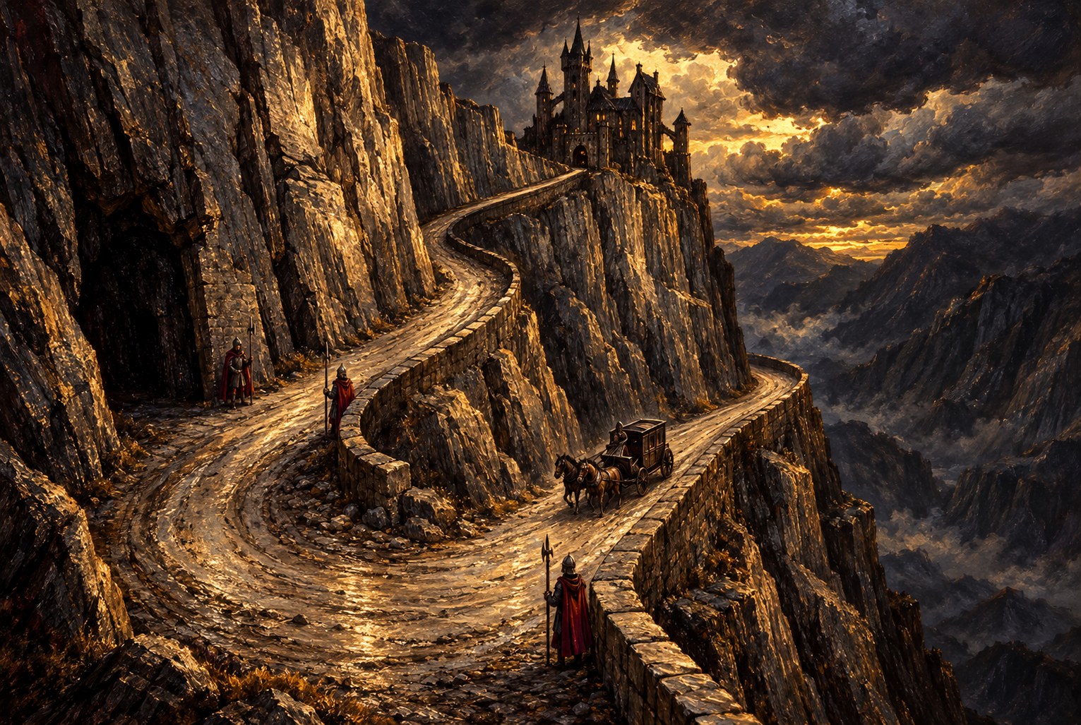 Painted view of a narrow mountain road with switchbacks, crimson-cloaked guards and a horse-drawn coach beneath the castle