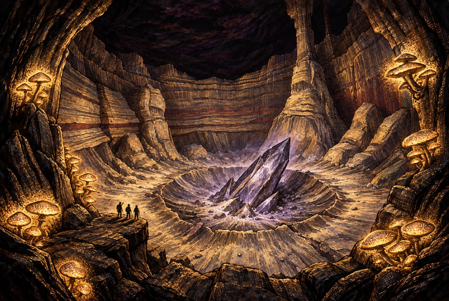 Painted view of a vast cavern with a tilted luminous crystal in a central crater, giant glowing fungi and three tiny explorers