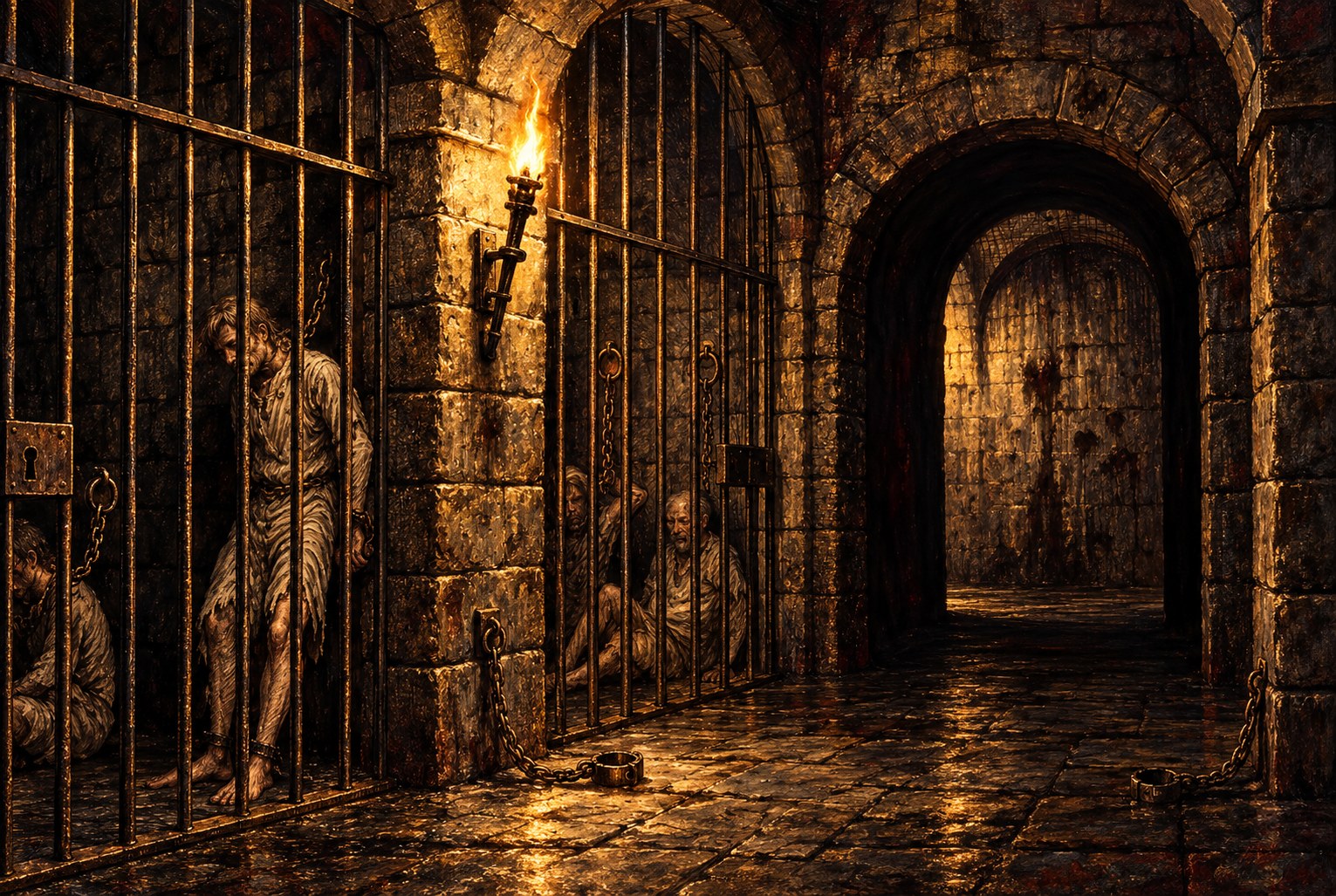 Painted view of clothed prisoners behind iron bars along a torchlit vaulted dungeon corridor