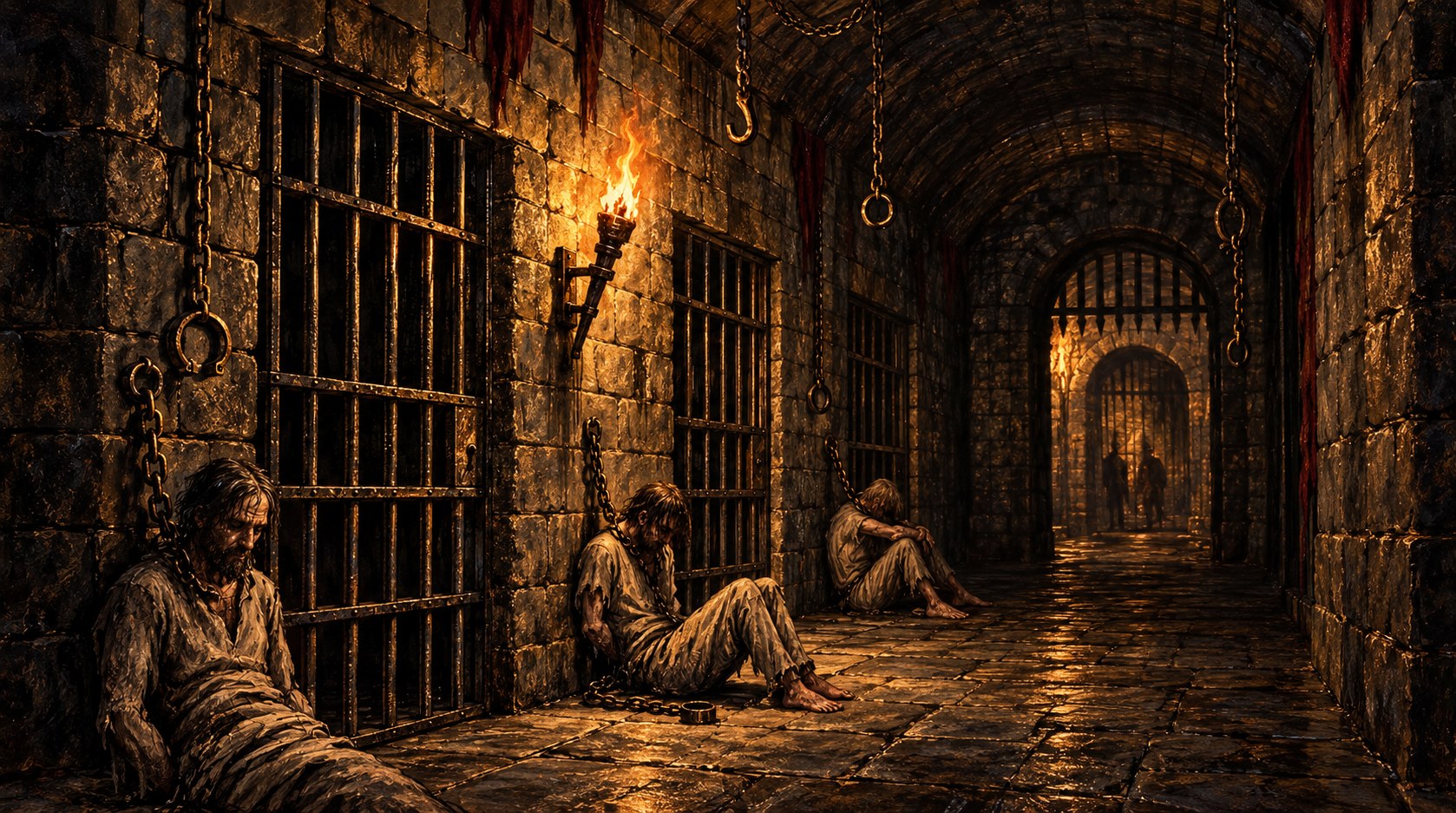 Painted view of chained prisoners seated beside barred cells in a dark stone dungeon corridor