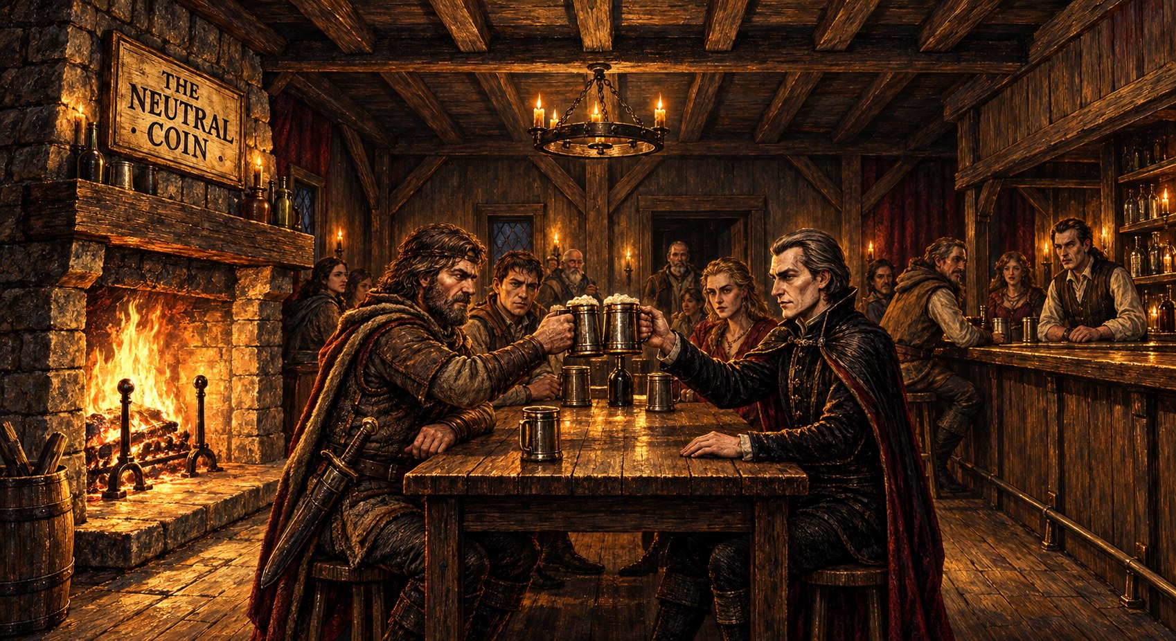 Painted tavern scene with human and vampire patrons toasting beside a fireplace and a sign reading The Neutral Coin