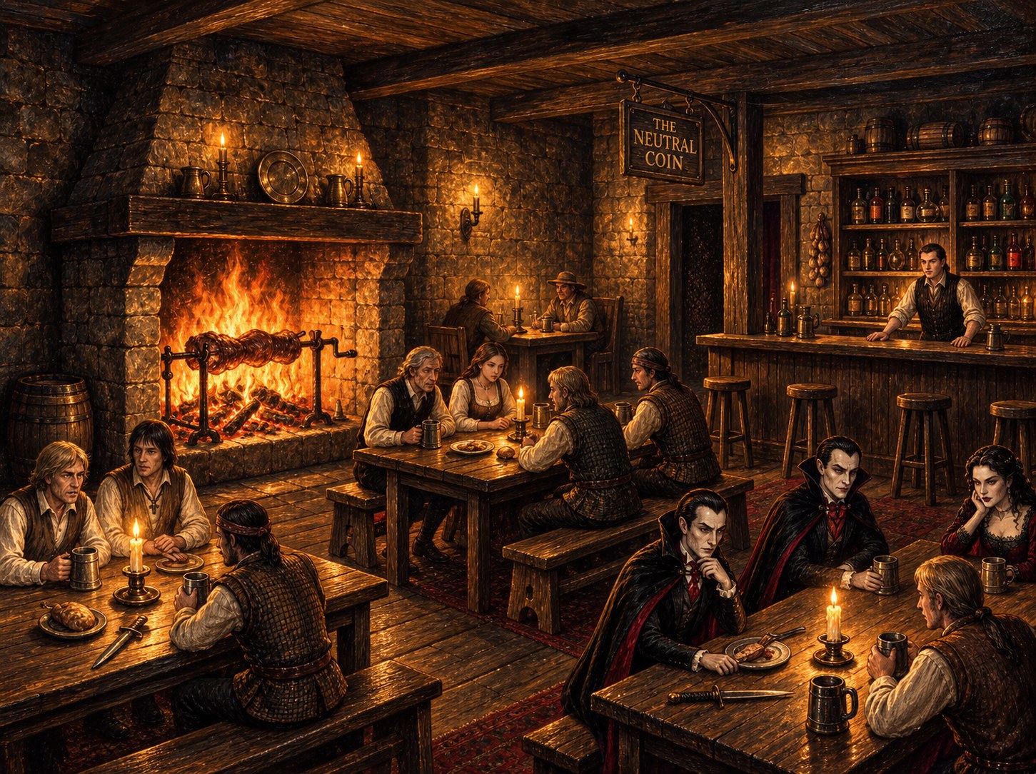 Painted tavern interior with groups of patrons at wooden tables, a large cooking hearth, a bar and The Neutral Coin sign