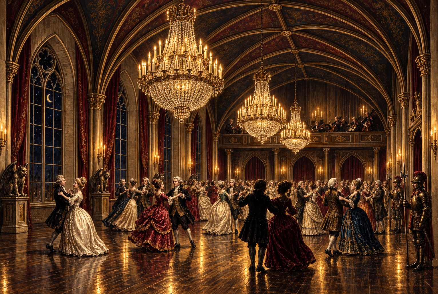 Painted view of dancers beneath three chandeliers in a vaulted Gothic ballroom, with musicians on the far gallery
