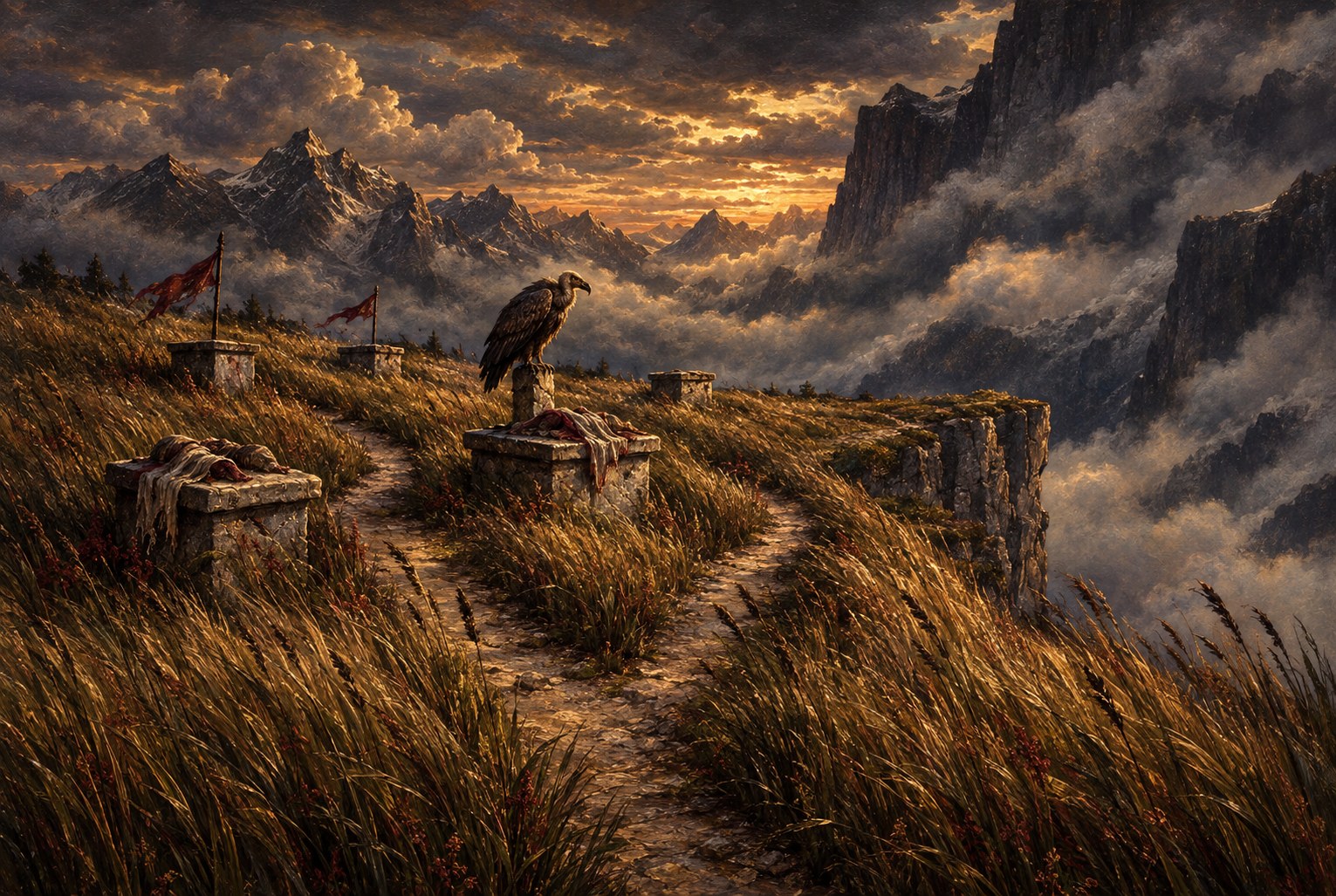 Painted view of grassy mountain burial grounds with forked paths, stone platforms, shrouded remains and a perched vulture