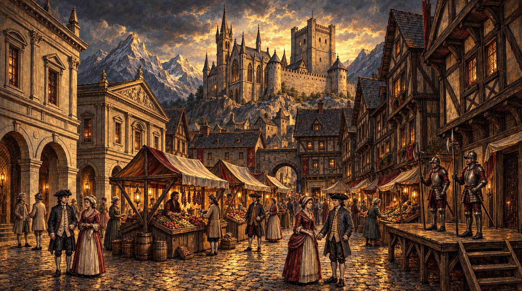 Painted view of a busy market square, stalls and shoppers between classical and timbered buildings, with guards and the castle above