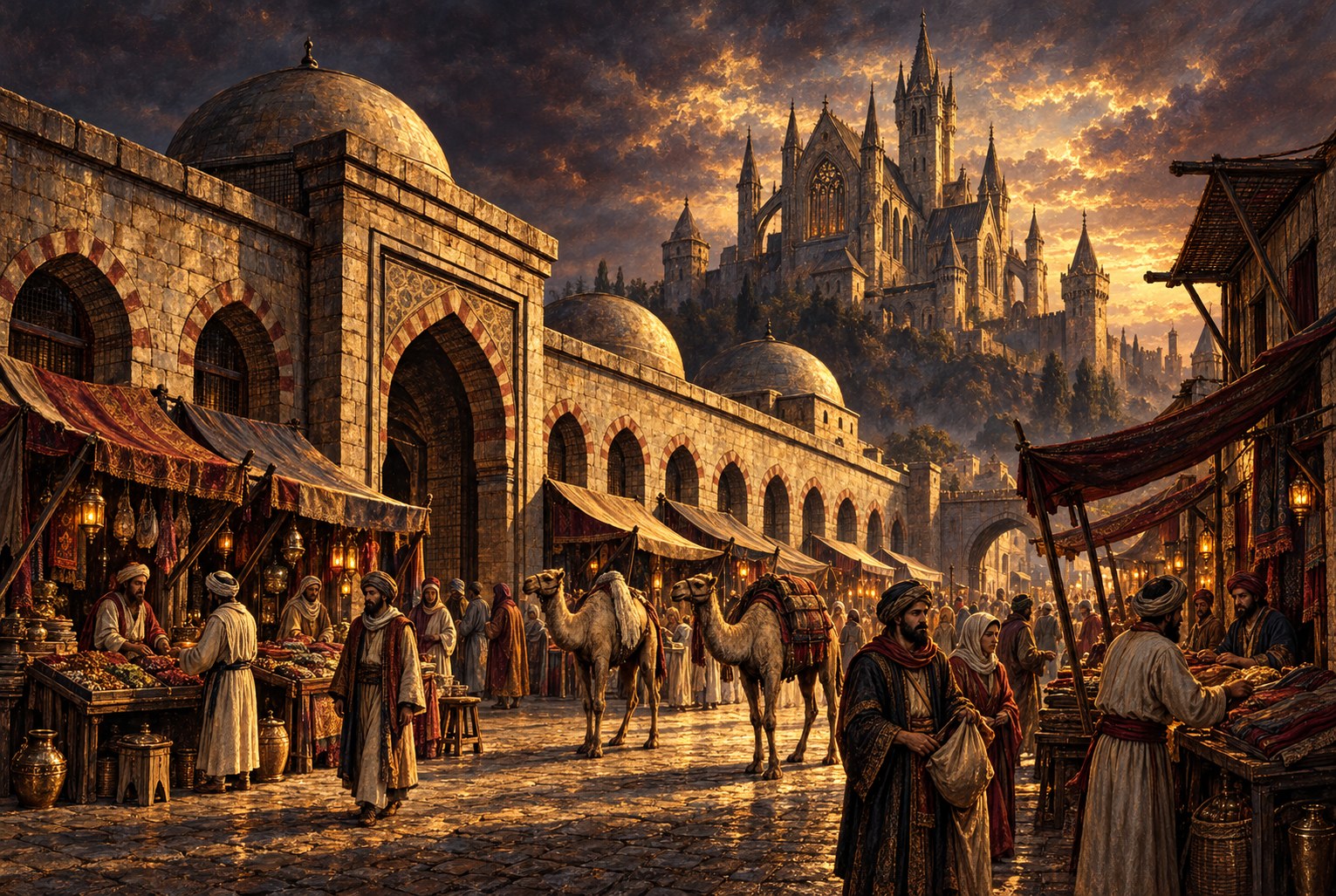 Painted view of robed traders and two pack camels beside a domed bazaar hall, with Gothic castle spires in the distance