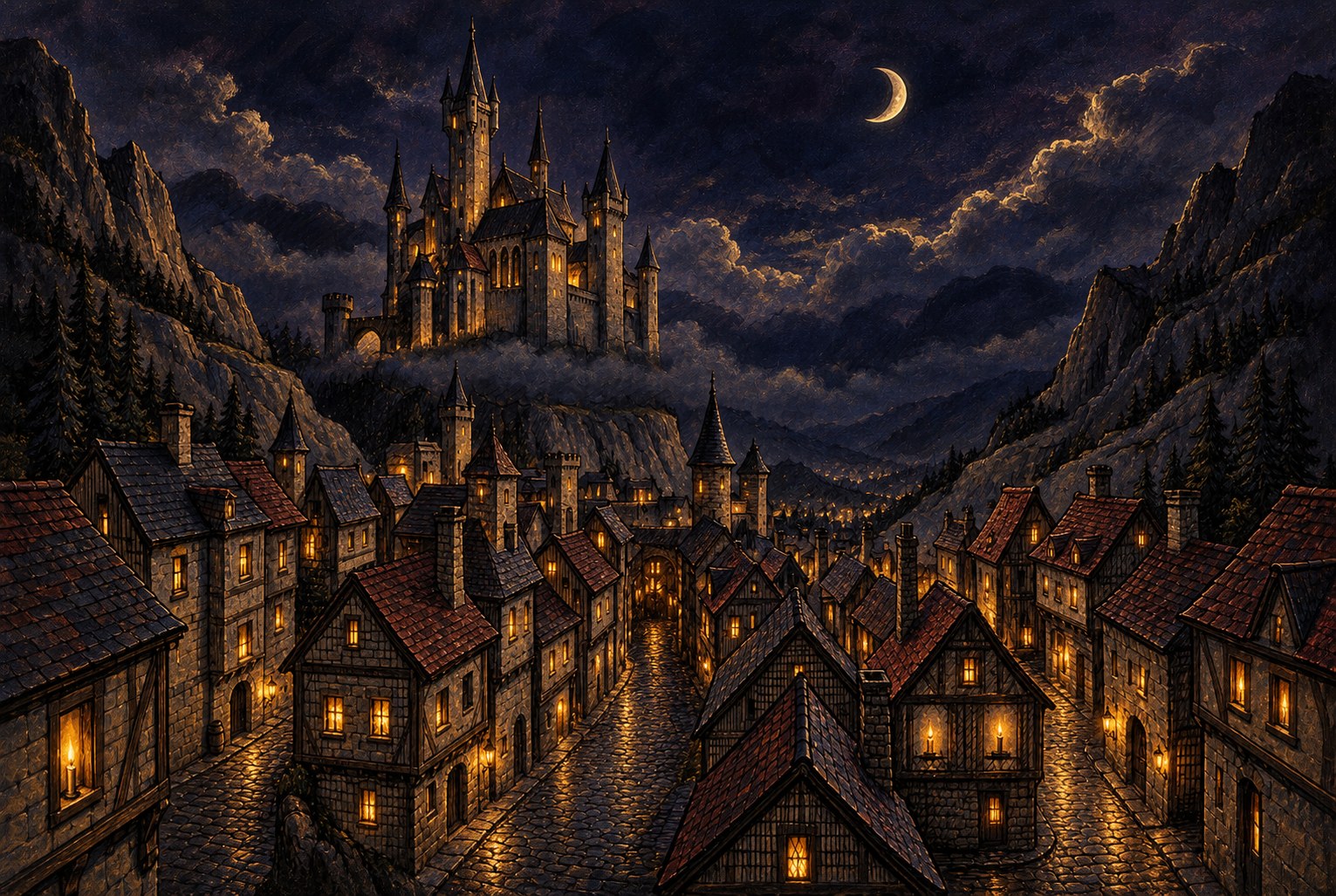 Painted night view of Kormor Kirak's timbered houses, warm windows and cliffside castle beneath a crescent moon