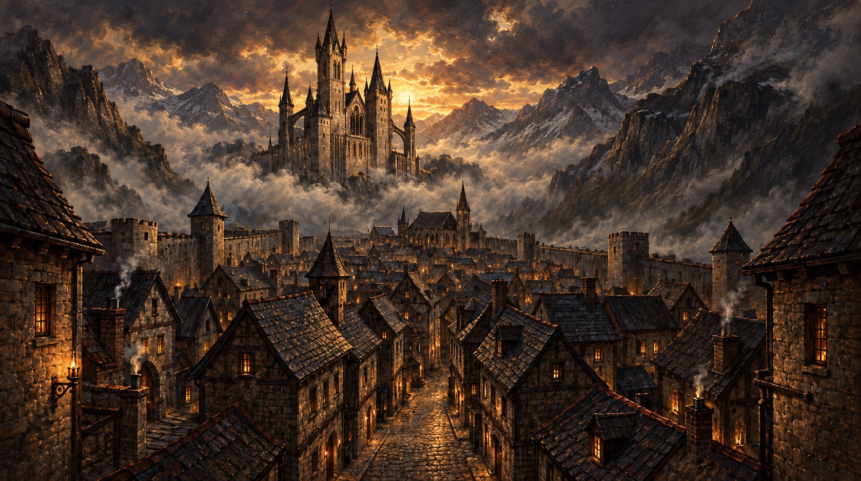 Painted view over the steep roofs and central street of the walled mountain city of Kormor Kirak beneath its misty castle
