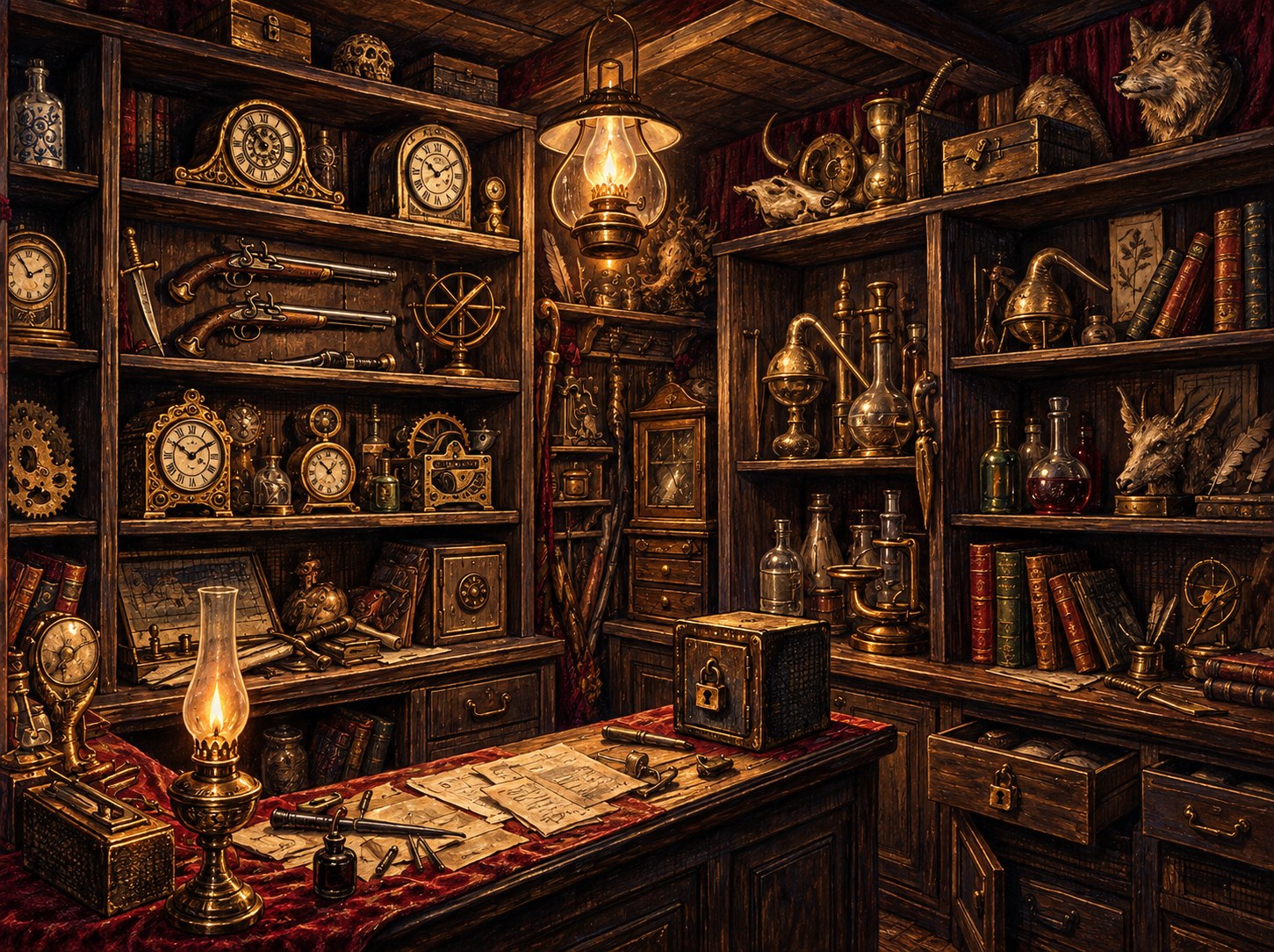 Painted interior of Koss's Curiosities, filled with clocks, flintlock pistols, glassware, instruments, lamps and locked boxes