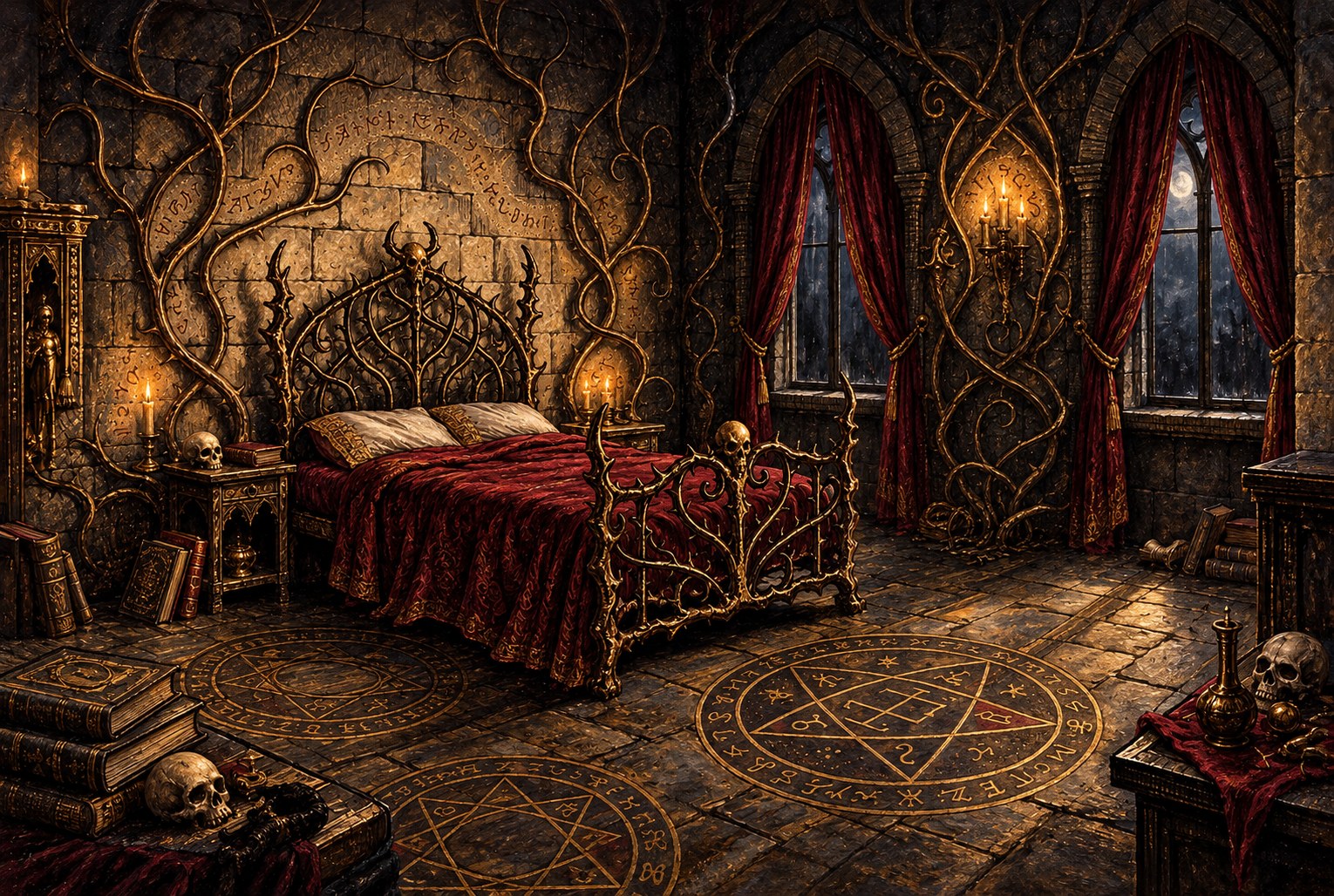 Painted view of Queen Kiraline's bedchamber with a thornlike bed frame, skulls, books, occult circles and draped Gothic windows