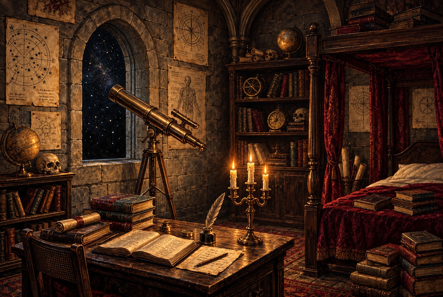 Painted view of Szeret's scholarly bedroom with a telescope, charts, globes, books, a writing desk and a four-poster bed