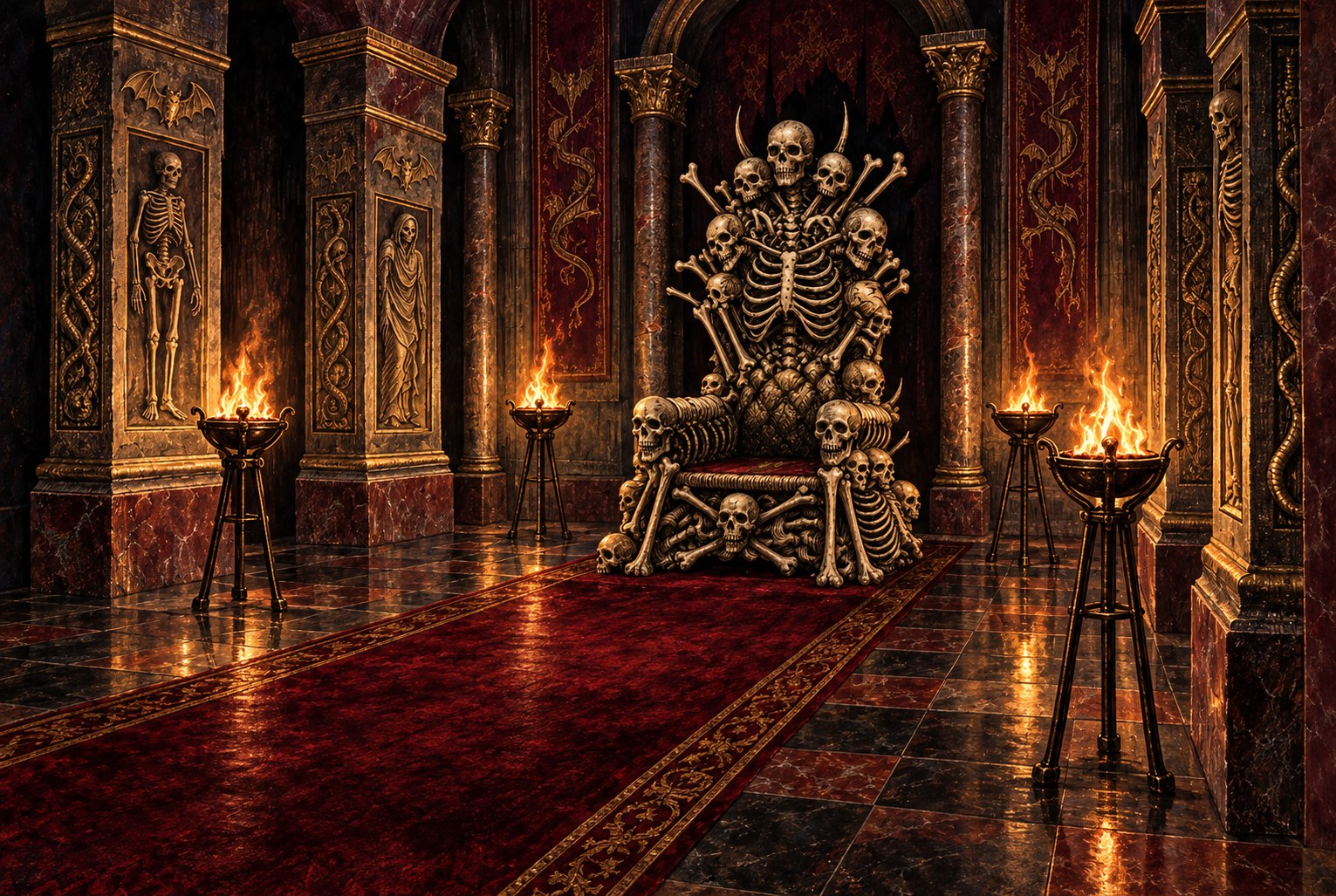 Painted view of an empty skull-and-bone throne between four braziers, surrounded by Gothic columns and bat reliefs