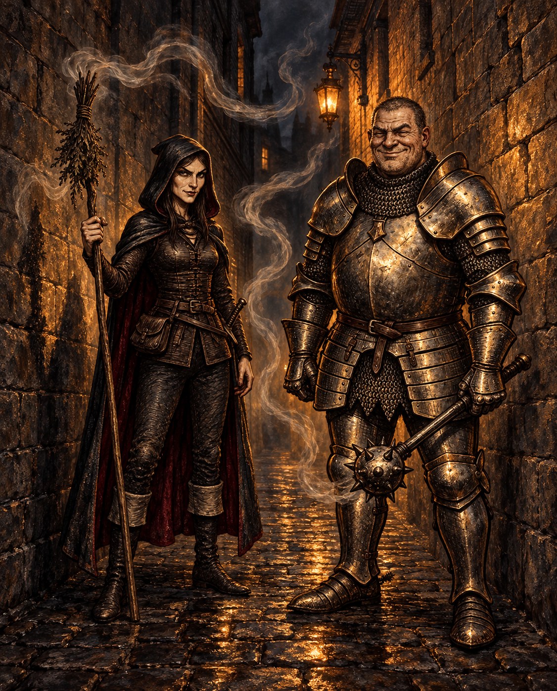 Painted portrait of the Gatekeepers: a slim hooded woman carrying a smoking herb staff beside a broad smiling armored man with a mace