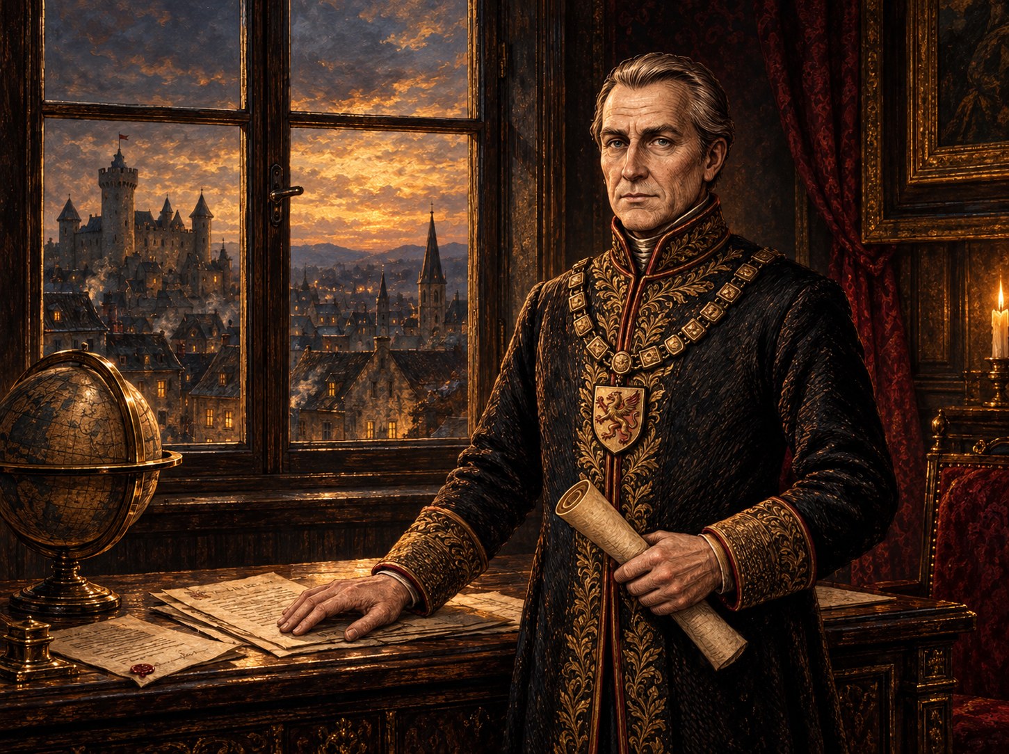 Painted portrait of Ambassador Harken, an older diplomat seated at a desk with a scroll, globe and castle visible through the window