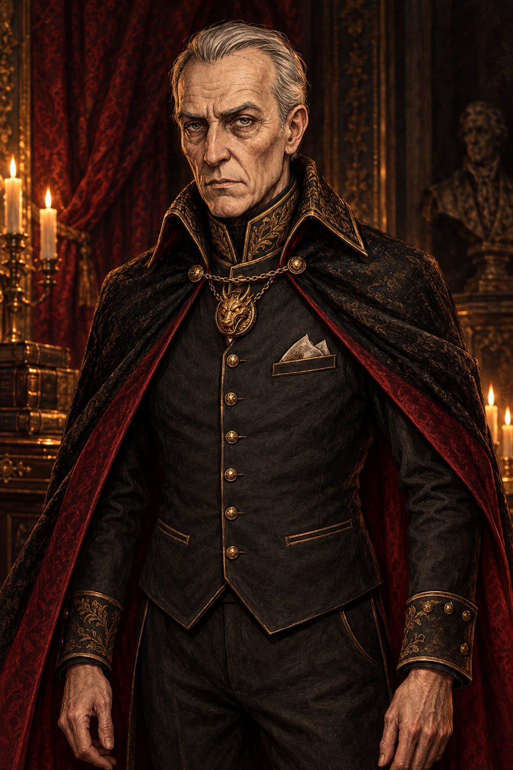 Portrait of Barron Whitehallow, a gaunt older diplomat in a heavy coat, illness in his face and a sharp intelligence in his eyes