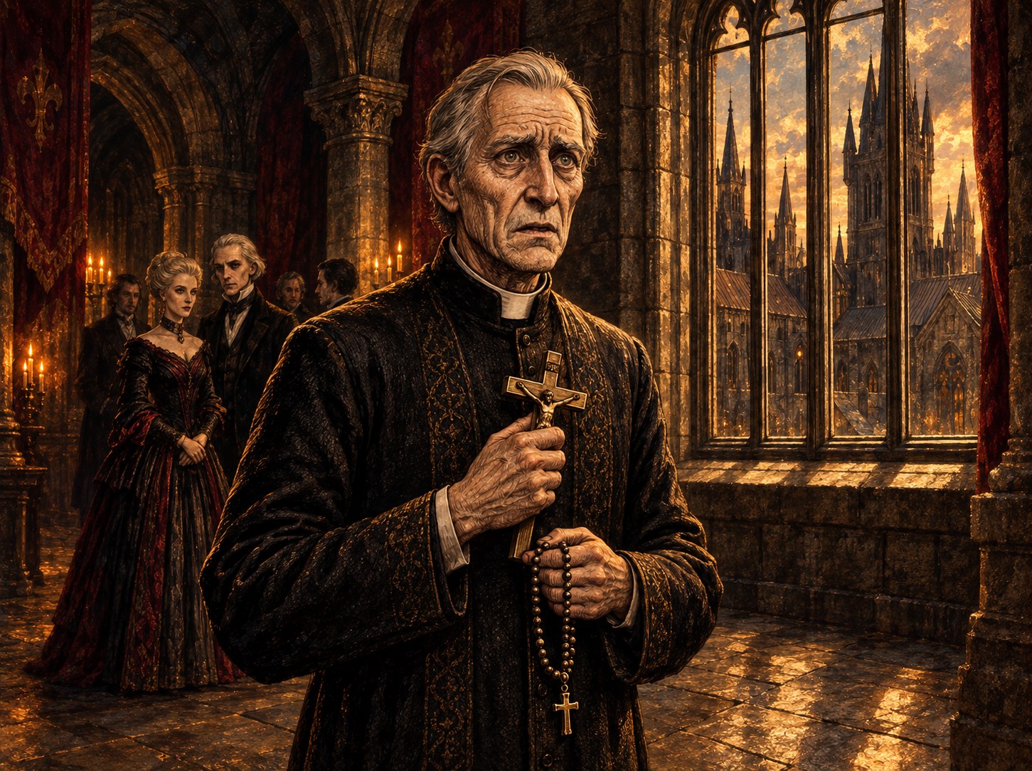 Painted portrait of Brother Aldric, an anxious older priest holding a crucifix and rosary beside a Gothic window