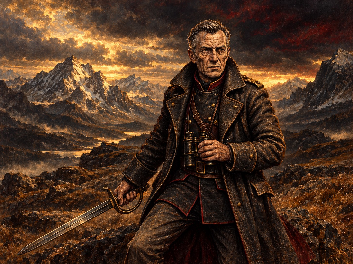 Painted portrait of Captain Ashford, a weathered man in a military coat carrying binoculars and a sword in the mountains