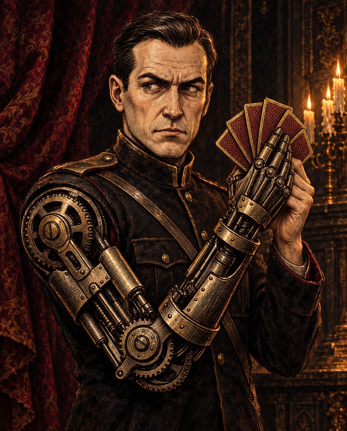 Painted portrait of Devorlen Koss in a military coat, his mechanical arm holding playing cards