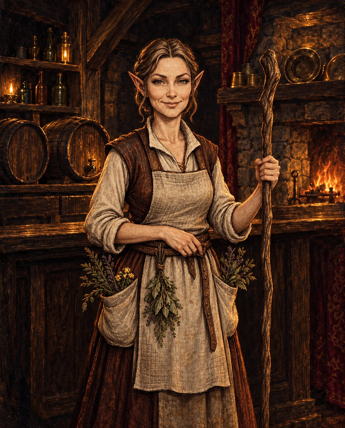 Painted portrait of Eppy Flinder, a smiling pointed-eared innkeeper with an apron, bundles of herbs and a wooden staff