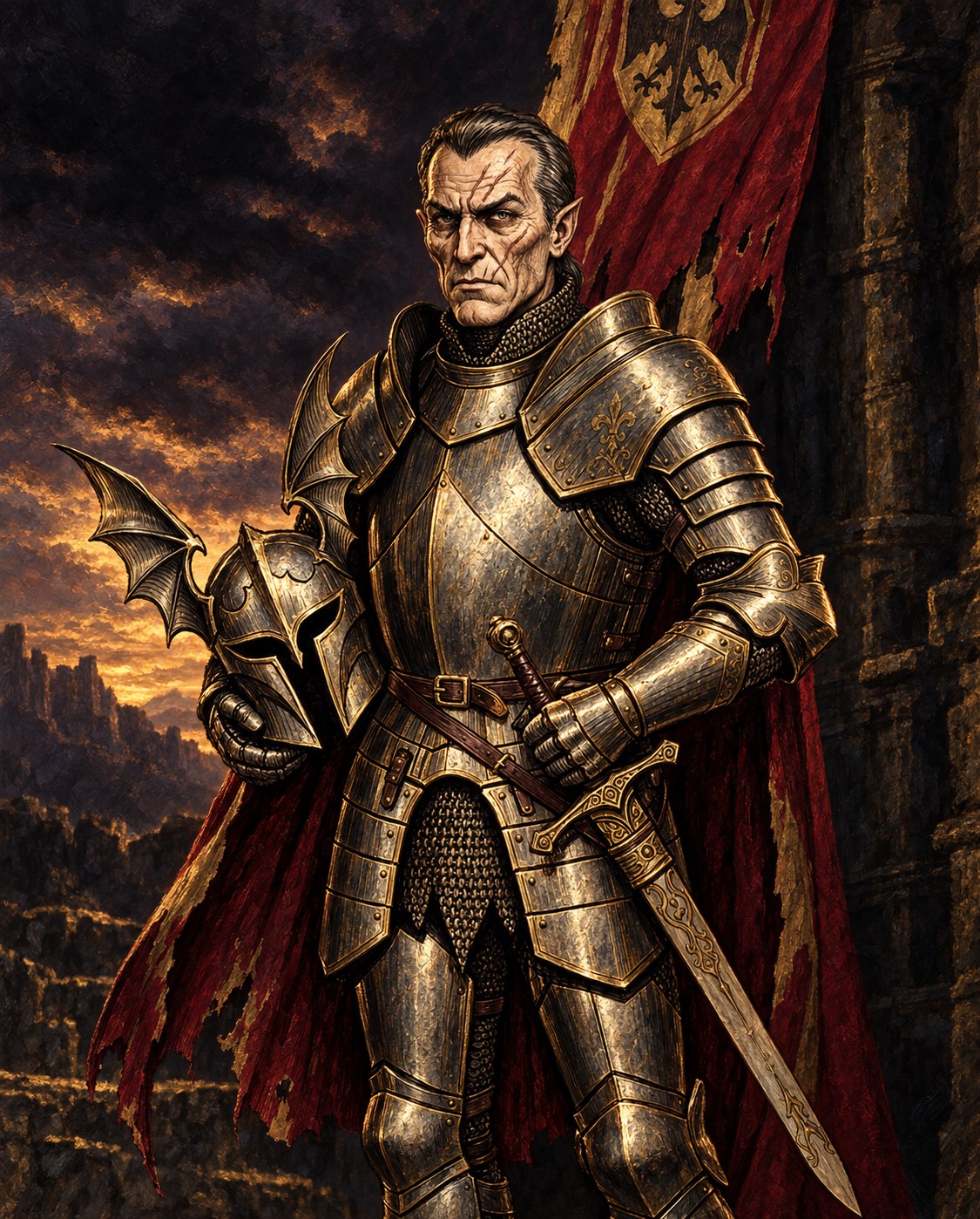 Painted portrait of General Markos, a stern scarred warrior in engraved armor holding a bat-winged helmet
