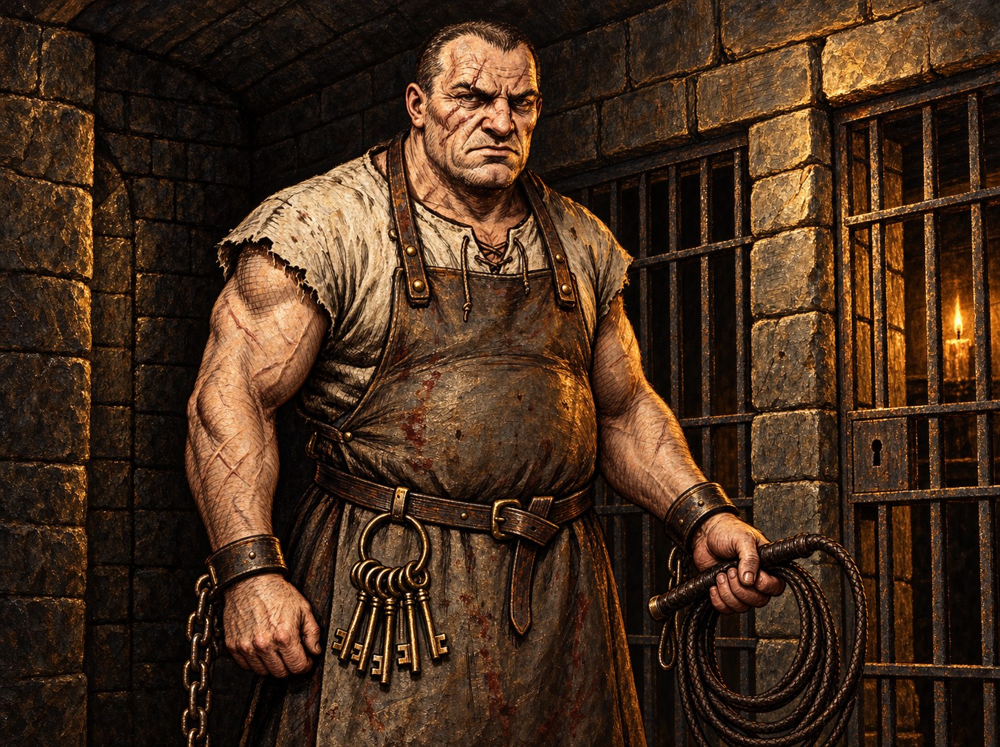 Painted portrait of Istvan the Jailer, a burly man with scarred arms, an apron, keys and a whip in a prison corridor