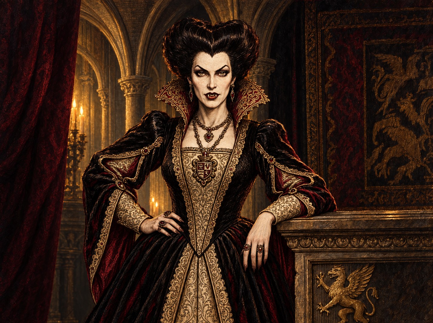 Painted portrait of Lady Mireva, a vampire noblewoman with an elaborate dark coiffure and high-collared gown leaning on a heraldic stone pedestal