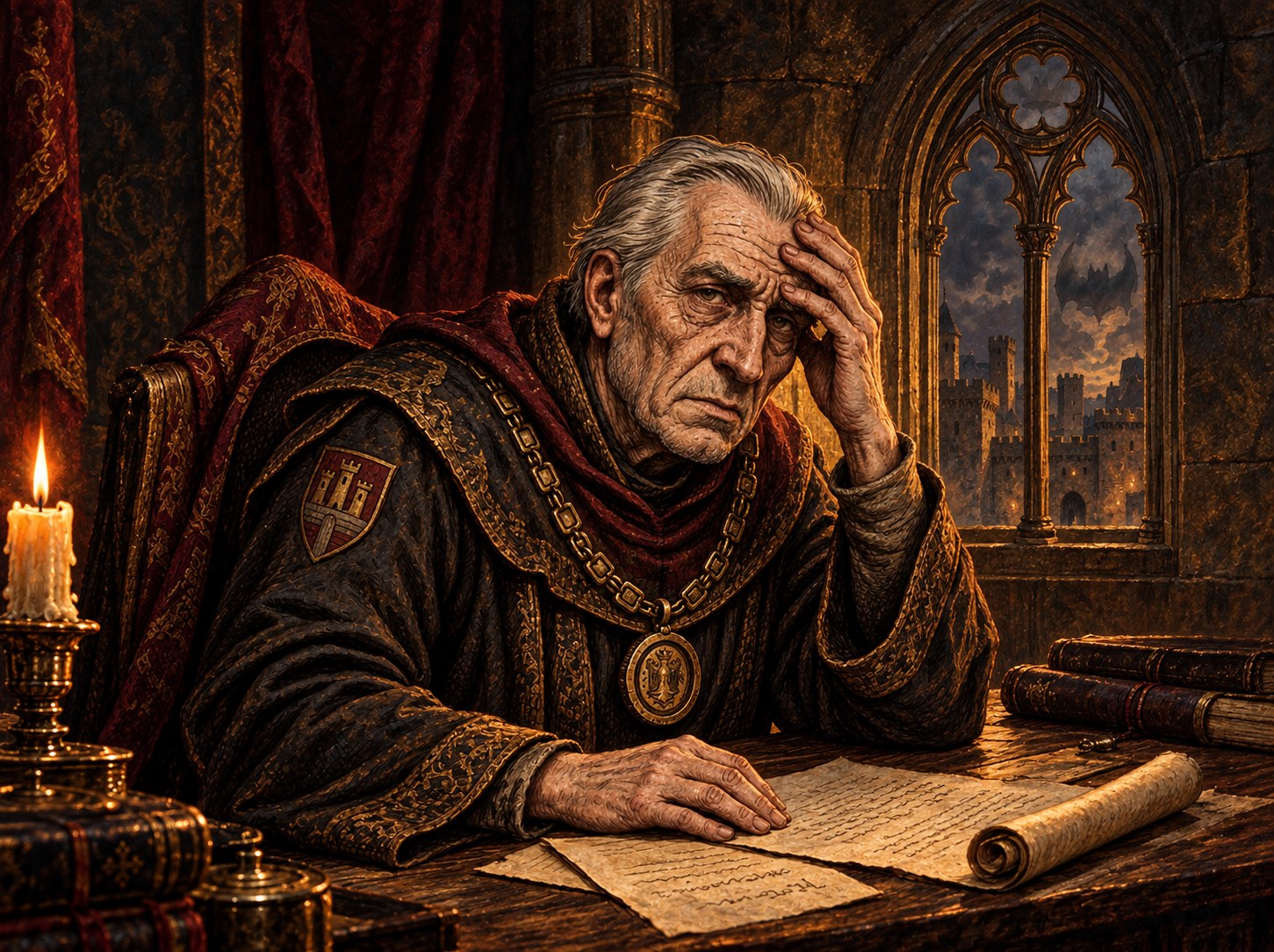 Painted portrait of Magistrate Voron, an exhausted older judge in robes and a chain of office, resting his head on his hand over papers