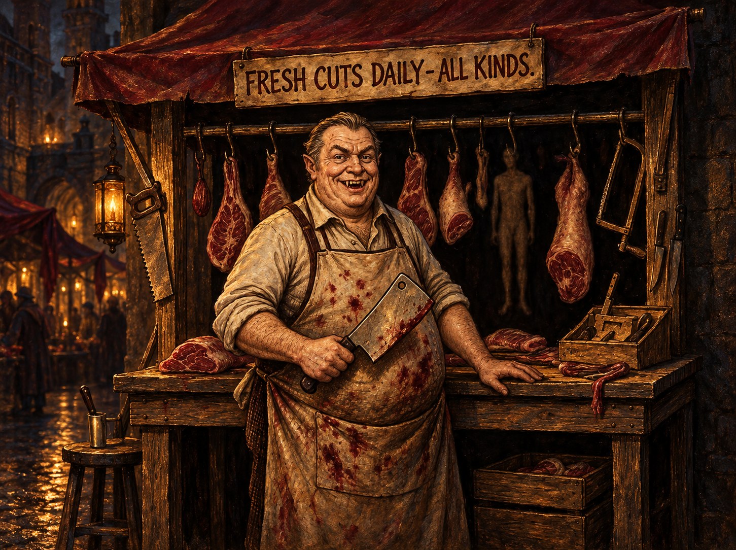 Painted portrait of a grinning fanged butcher holding a cleaver at his crowded meat stall