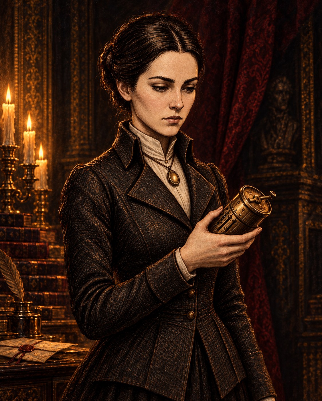 Painted study of Olivia Faren in a dark coat and ivory shirt, looking down at her cylindrical brass calculator