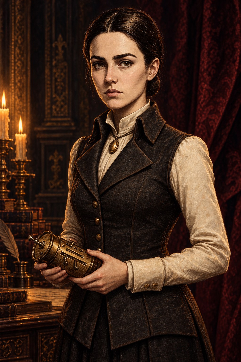 Portrait of Olivia Faren, a young woman with dark hair tied back, holding a small brass calculating instrument, a locket at her throat