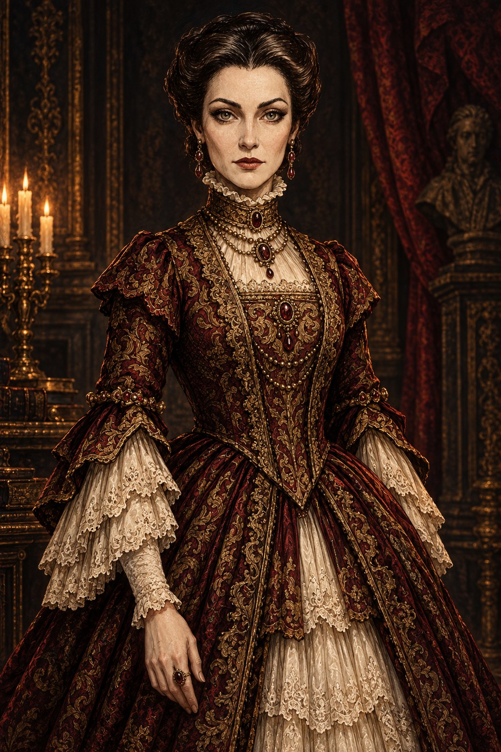 Portrait of Queen Kiraline, a vampire sovereign in a crowned black gown, pale and absolute
