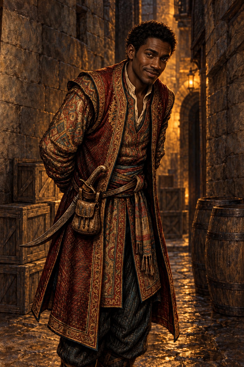 Painted portrait of Rozito Vallikozo, a dark-skinned man with tight black curls and a knowing smile, wearing richly patterned layered fabrics in a stone market alley