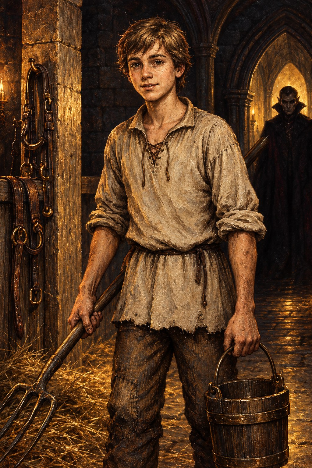 Painted portrait of Tomas the Stablehand holding a pitchfork and bucket, with a shadowed vampire behind him