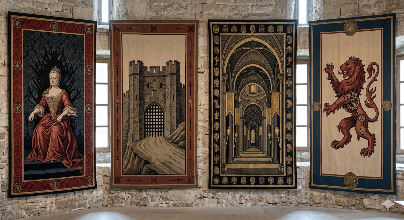Four woven tapestry panels in oxblood and gilt showing the comet, the castle, the court, and the city